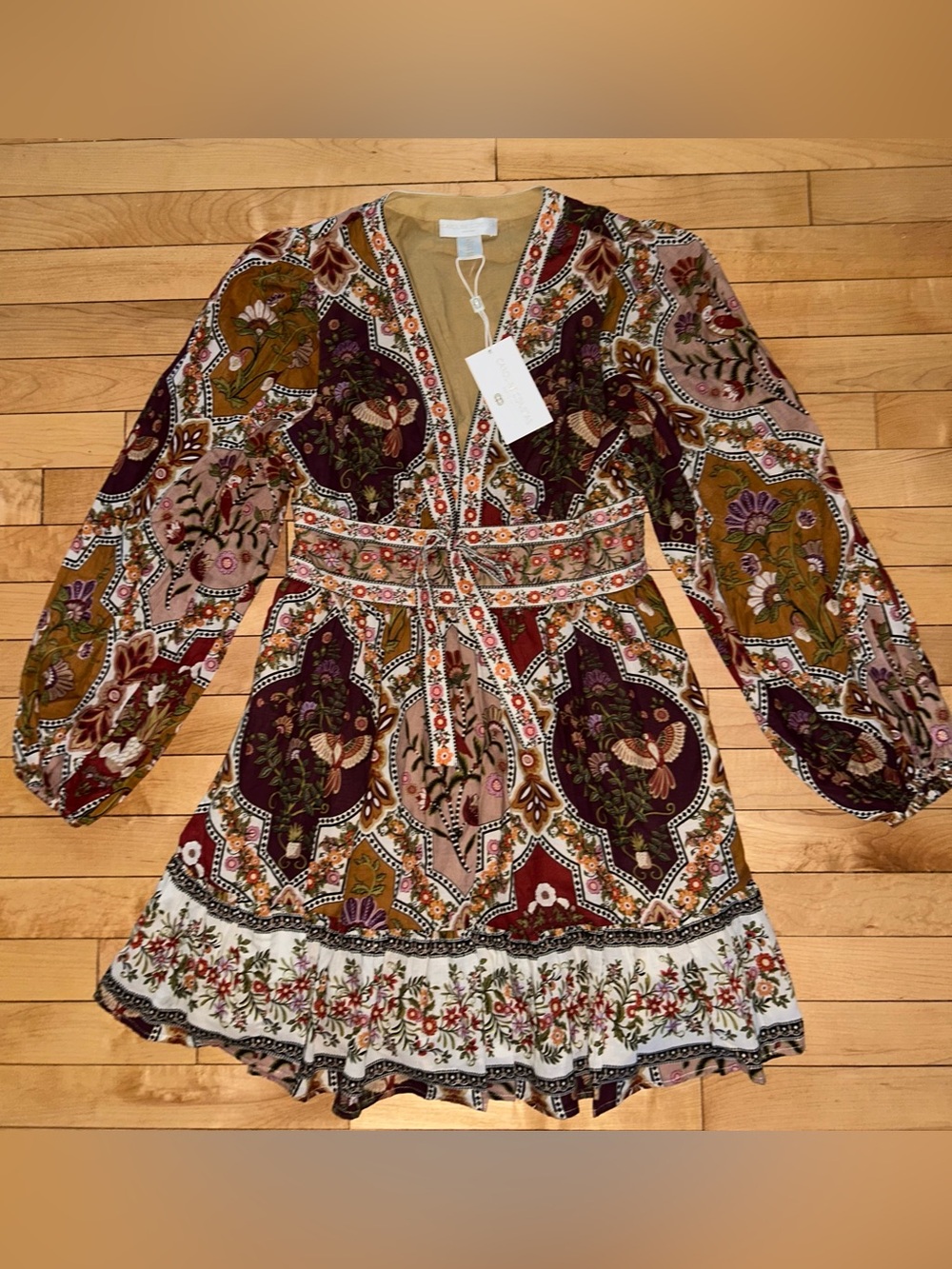 NEW! CAROLINE CONSTAS V-Neck Puff Sleeve Mini Dress Antique Floral Size S